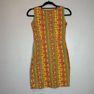 Vintage Pena House Sleeveless Sheath Dress Geometric Tribal Print Orange Yellow